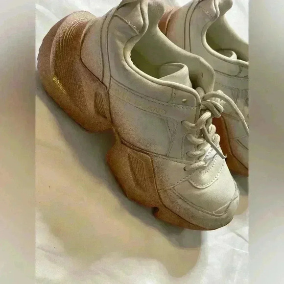 River Island Lace Up Glitter Chunky Style Trainers Sneaker Size 1 White Gold - Picture 4 of 14